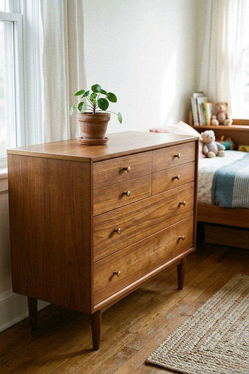 A teak dresser with tapered legs in a mid century kids room