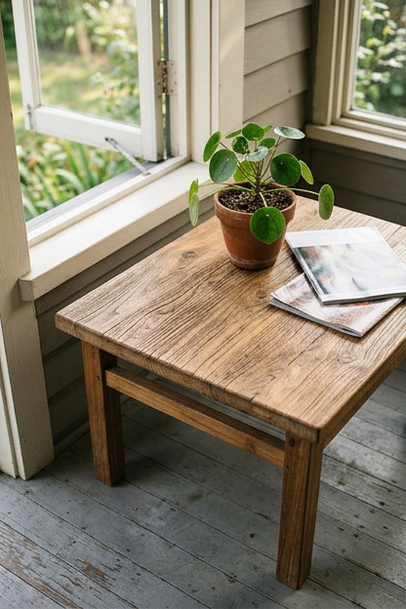 A teak wood accent table against a grey porch backdrop