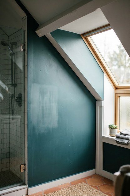 Deep teal lower walls paired with lighter upper walls in a sloped attic bathroom