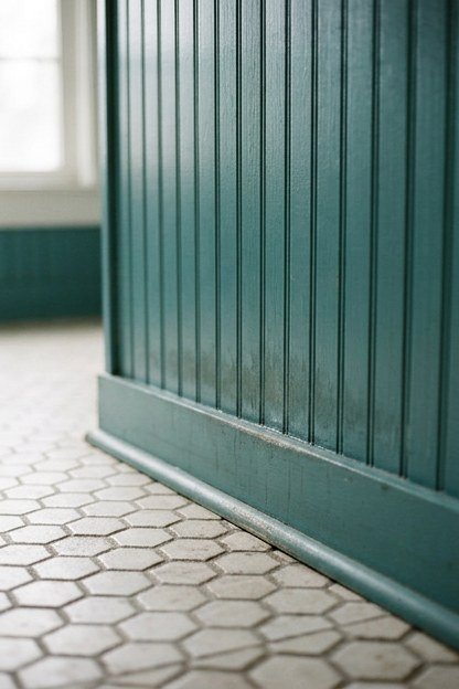 Teal painted beadboard on a short knee wall in an attic bathroom