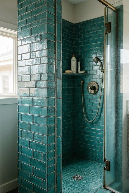 A compact corner shower lined with teal glass tile in an attic bathroom