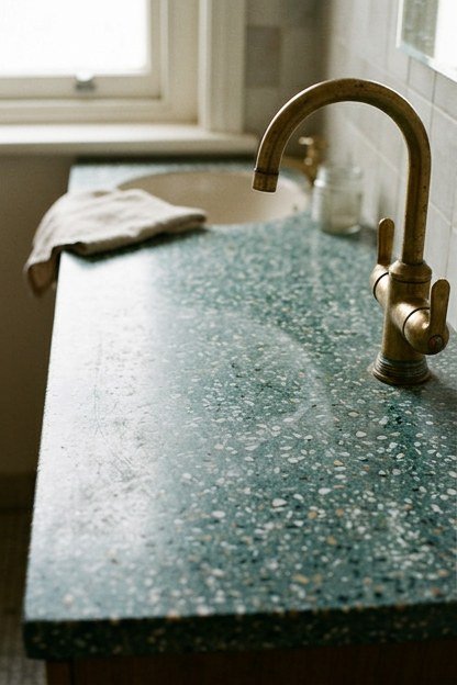 A teal flecked terrazzo countertop on an attic bathroom vanity