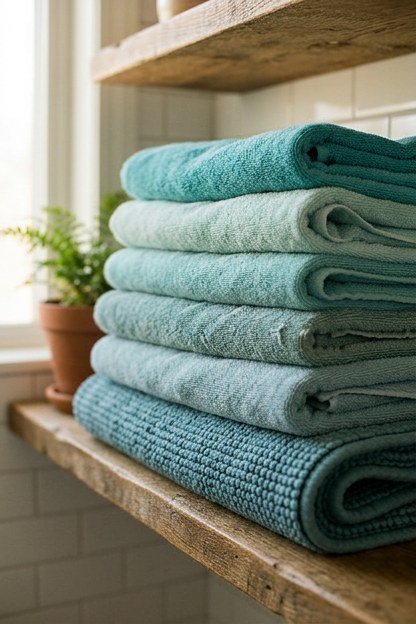 Layered teal towels and a bath mat in a spa style attic bathroom