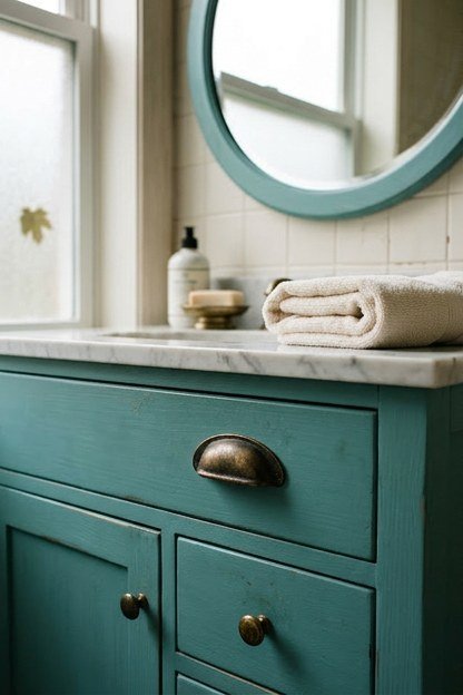 A teal painted vanity with brass hardware in an attic bathroom