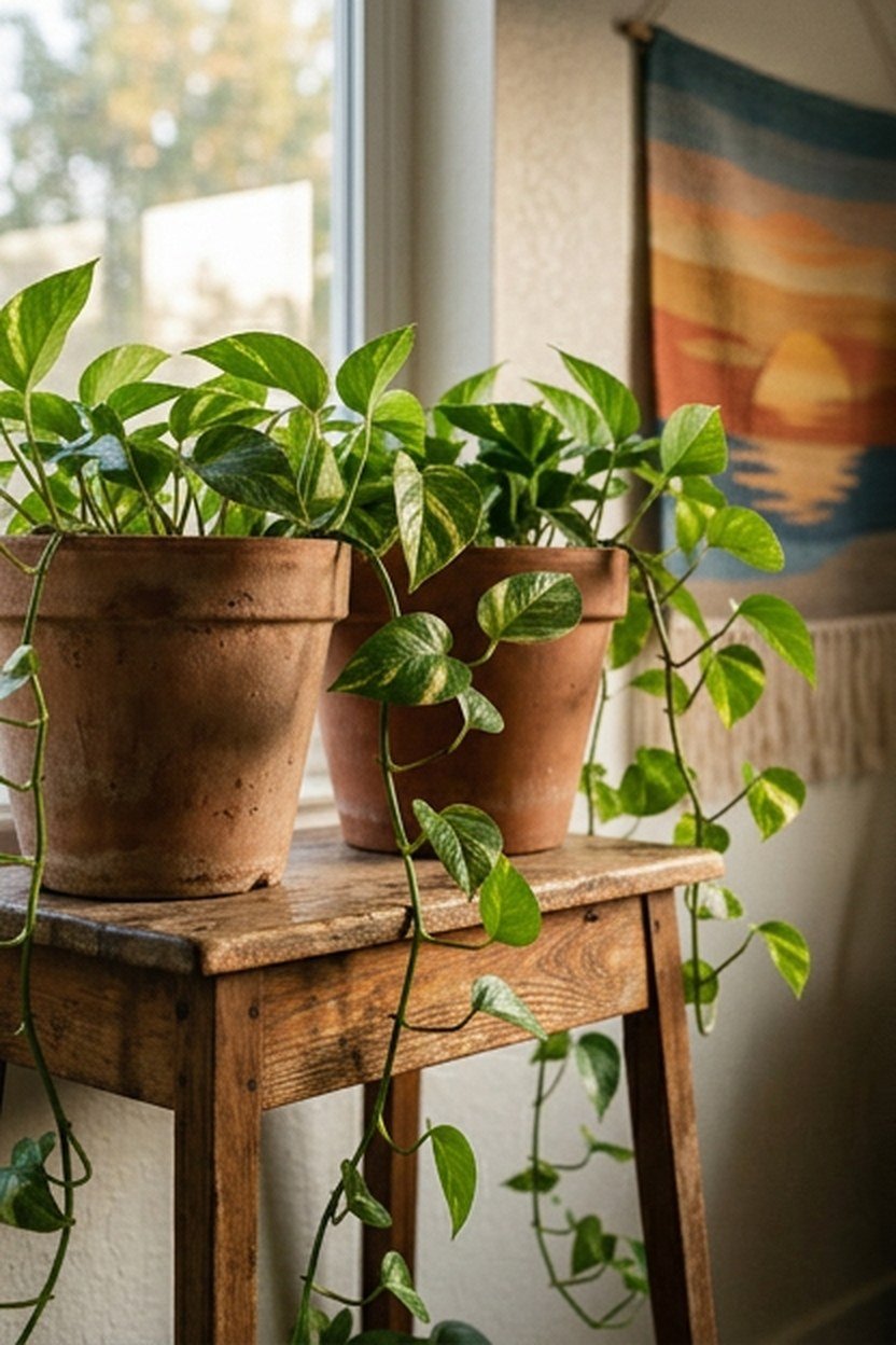 Terracotta planters with trailing plants near a sunset tapestry