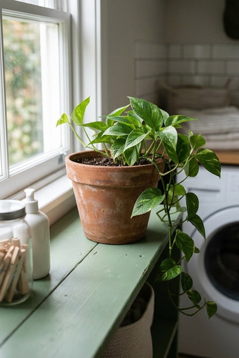Terracotta accents paired with green in a laundry room