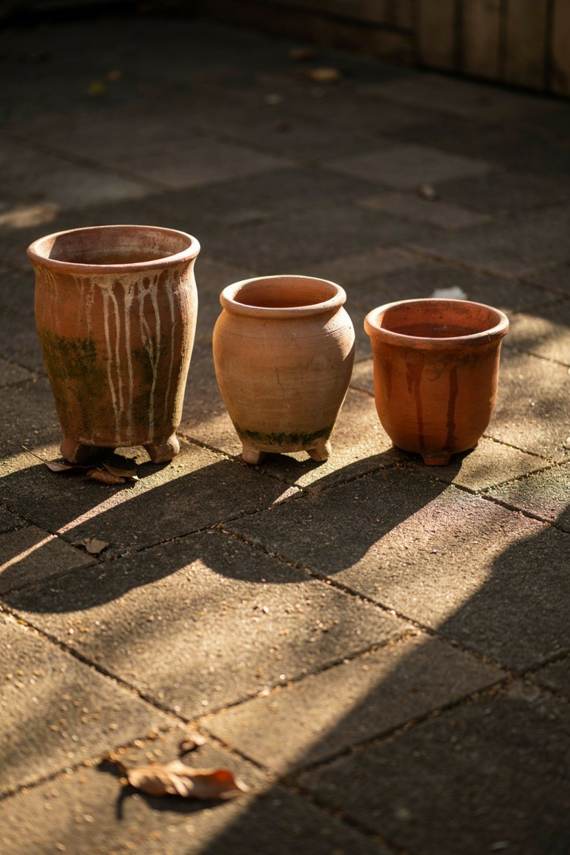 Three terracotta pots of different heights grouped on dark paving