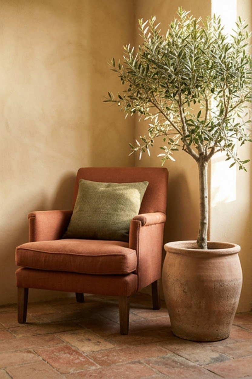 Terracotta armchair with sand walls and olive accents in a sunny living room