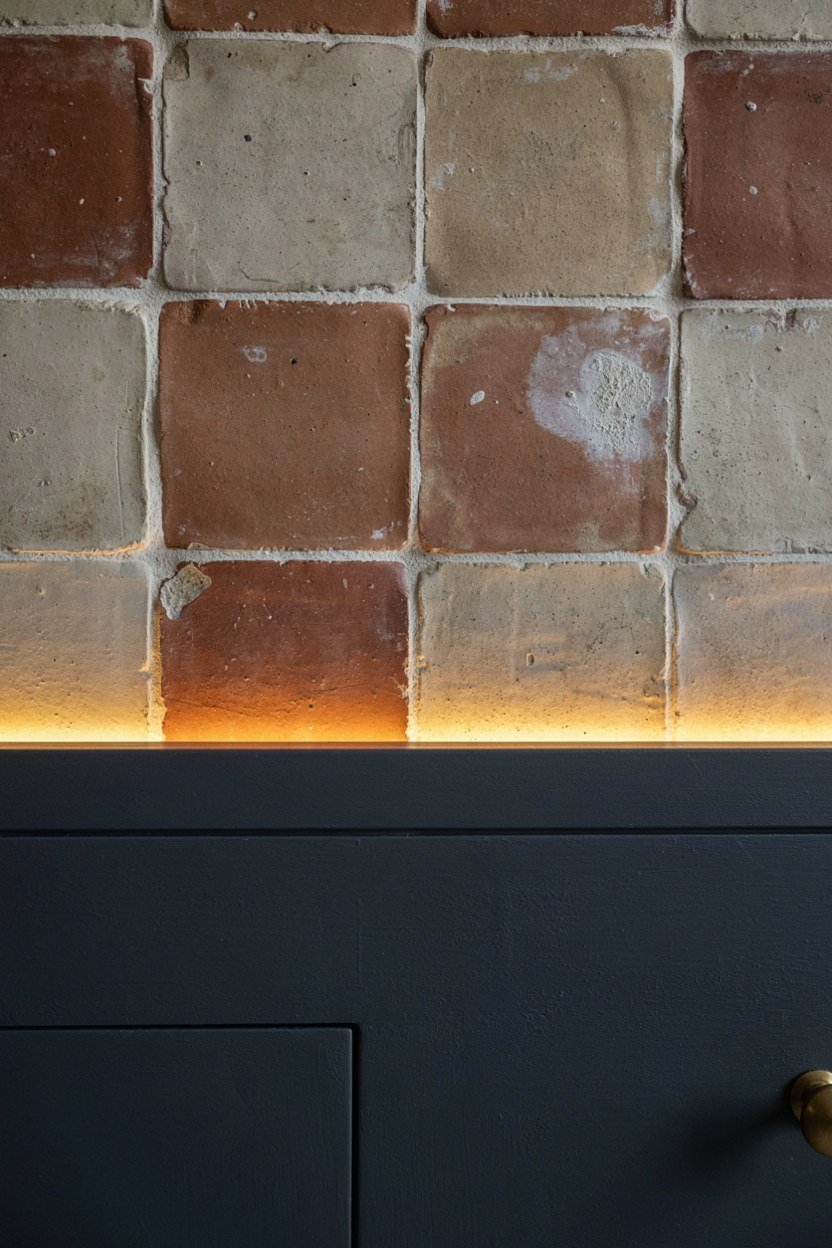 Terracotta splashback set against off black kitchen cabinetry