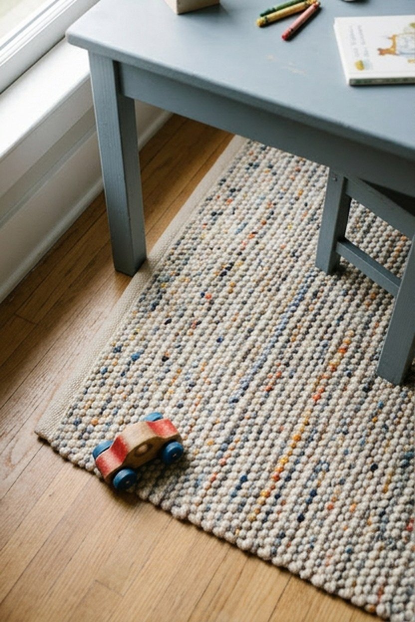 A terrazzo pattern accent rug in a kids play area