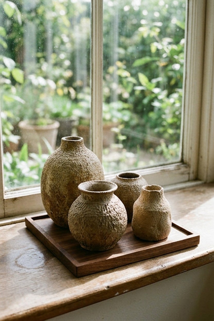 Textured ceramic accessories displayed on a sunroom windowsill