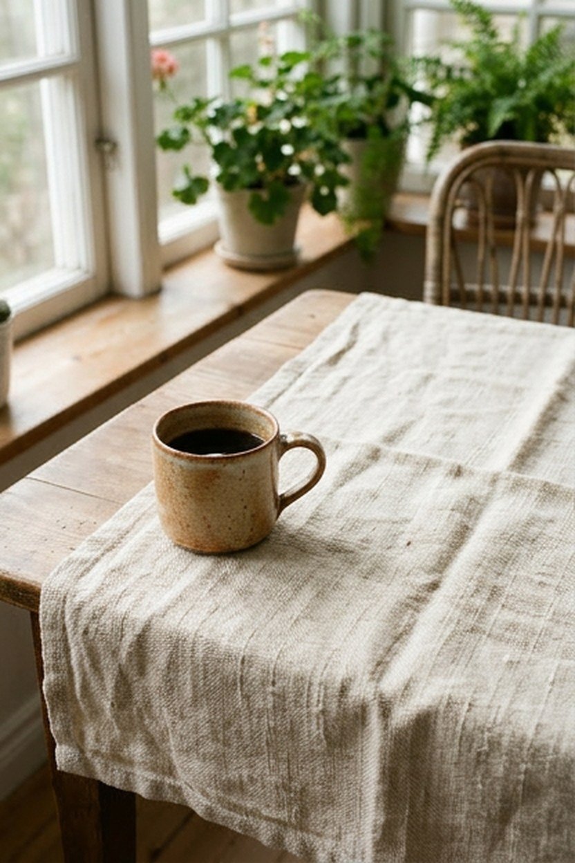 Textured table linens set on a sunroom dining nook table