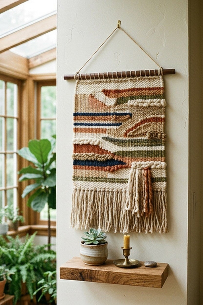 A textured wall hanging tapestry displayed in a sunroom