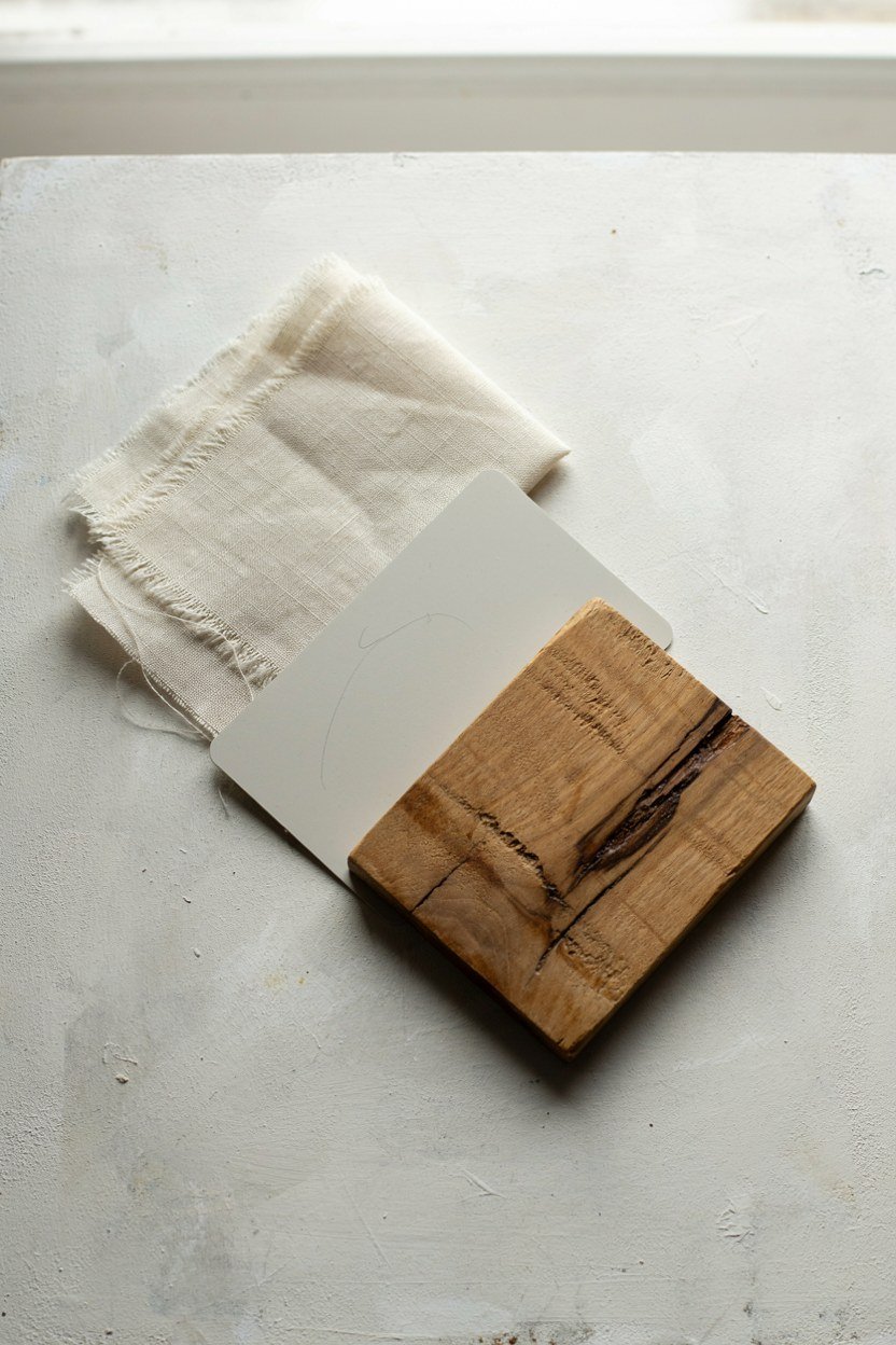 Fabric, paint and timber samples showing a three colour French dressing room palette