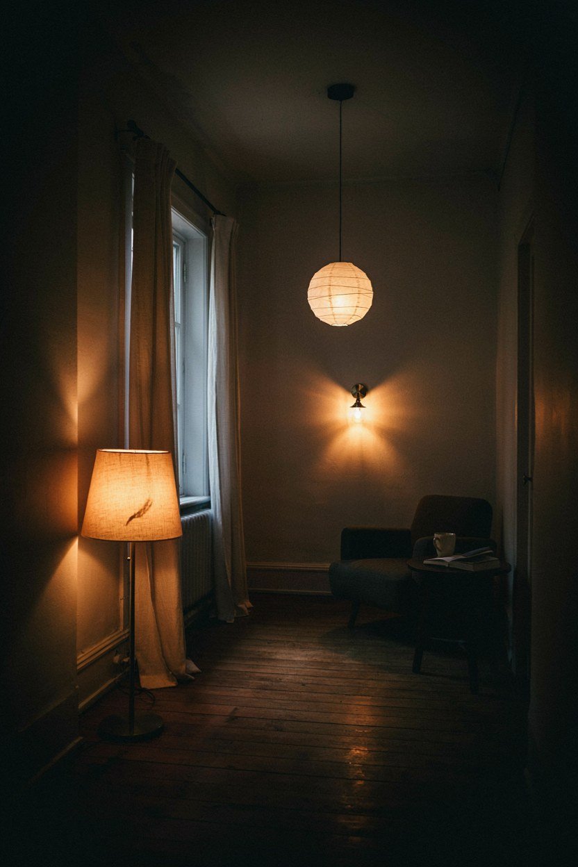 Floor lamp, wall light and pendant lighting a small room at three heights