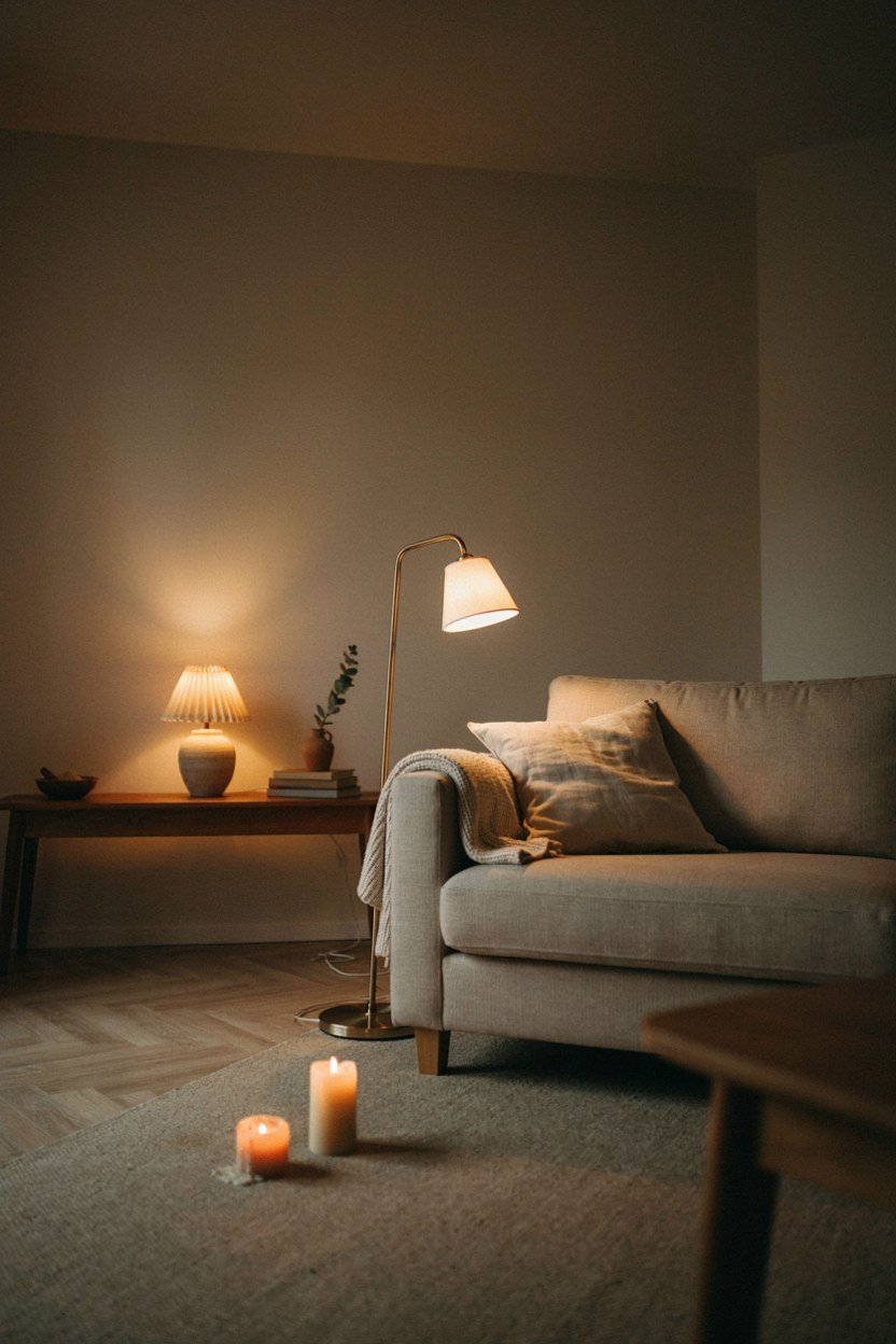 Floor lamp, table lamp and low light lighting a living room in the evening