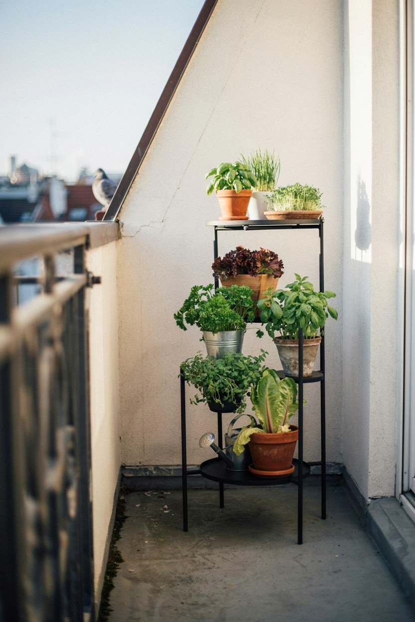 Three tier plant stand in a balcony corner