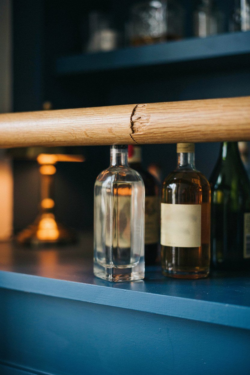 Timber bottle rail holding gin and vermouth bottles on a blue shelf