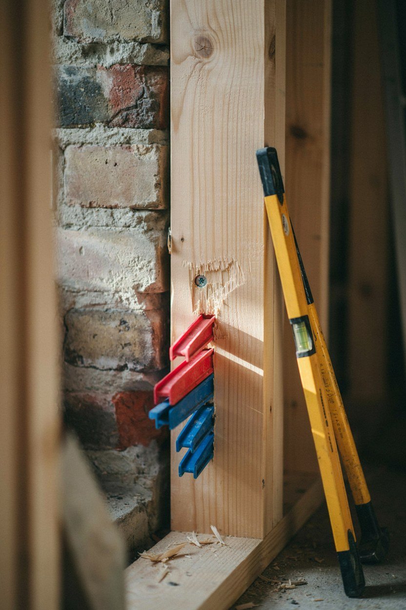 A timber frame fixed into an opening with plastic packers behind the fixings