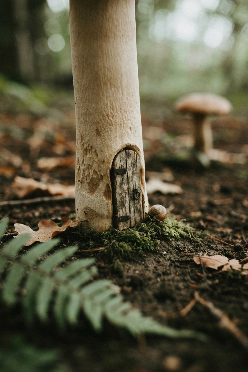 Small wooden door fitted at the base of a large toadstool stem