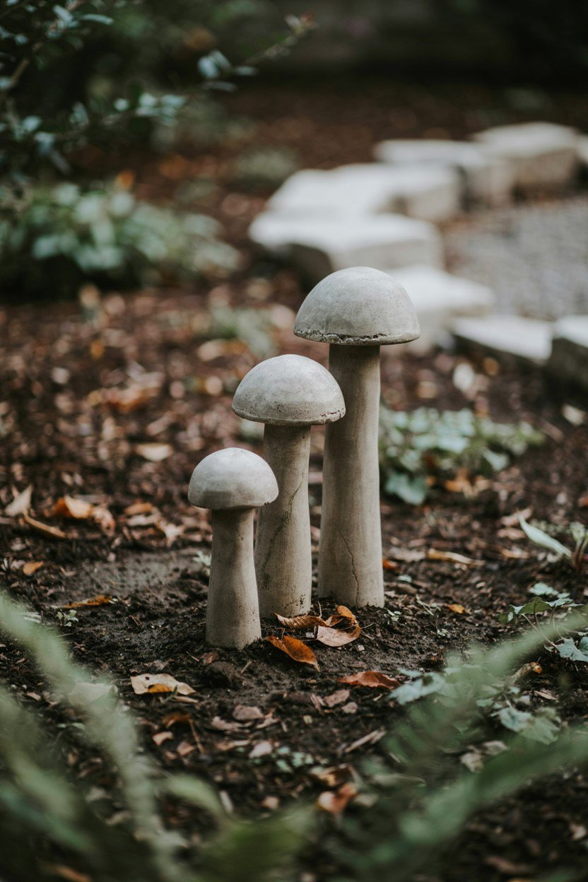 Three toadstools of different heights grouped in a garden bed