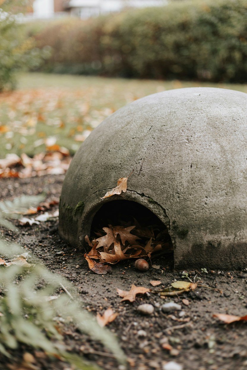 Gap left at ground level under a toadstool for wildlife shelter