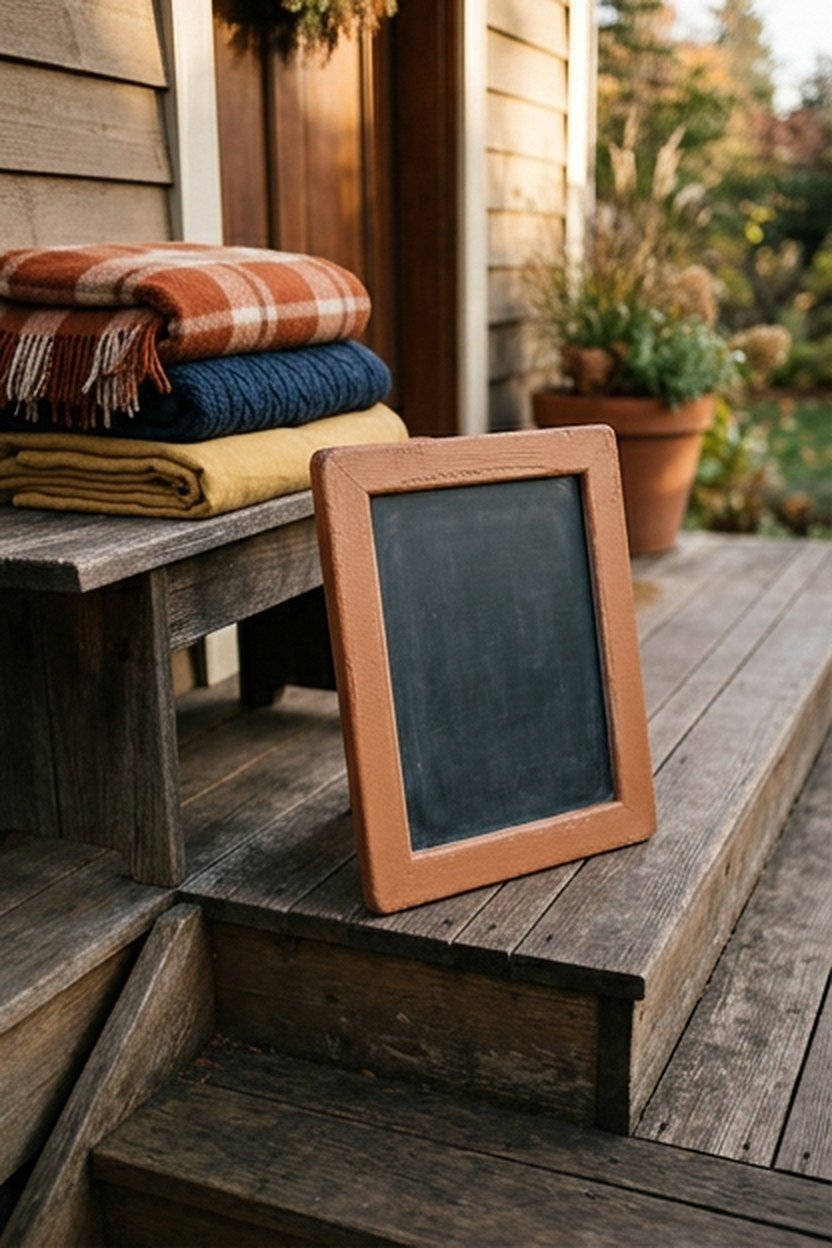 A toasted cinnamon framed chalkboard welcome sign near a front porch