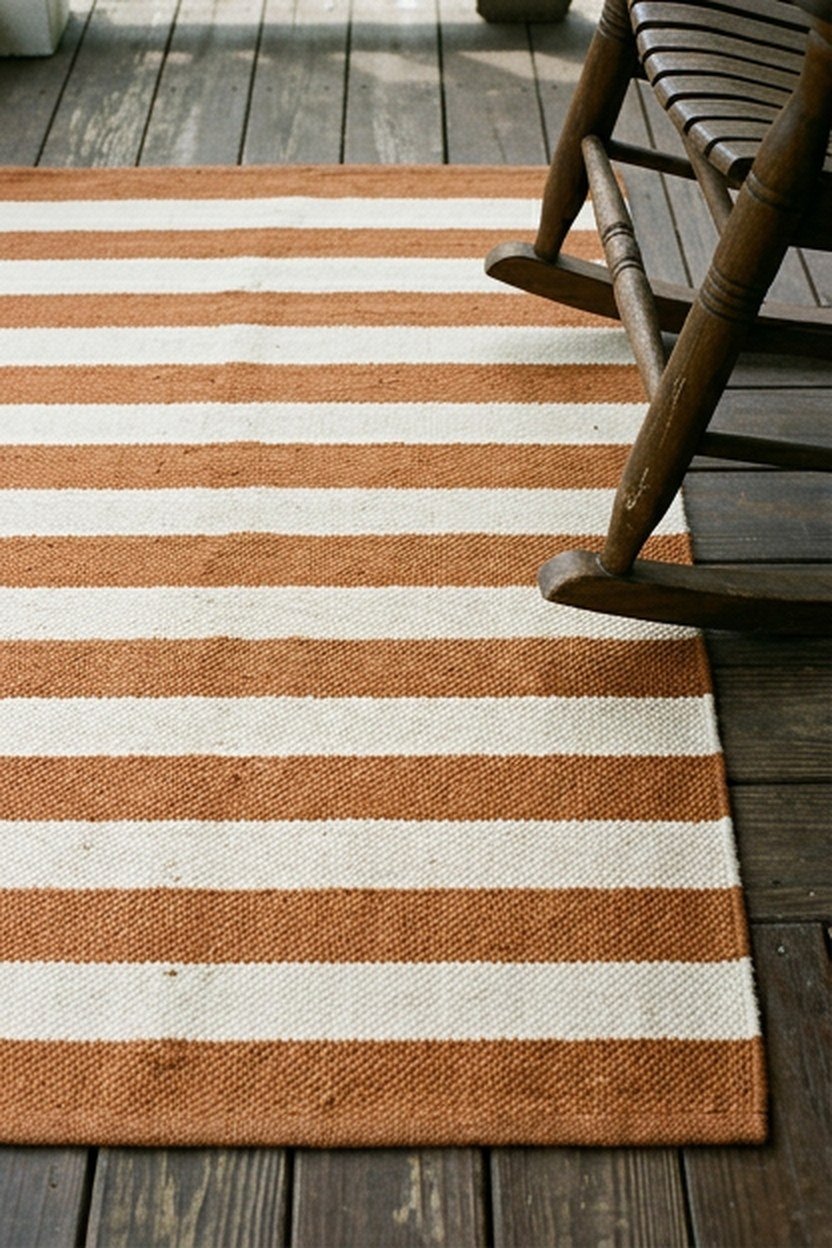 An outdoor rug with toasted cinnamon and cream stripes on a porch