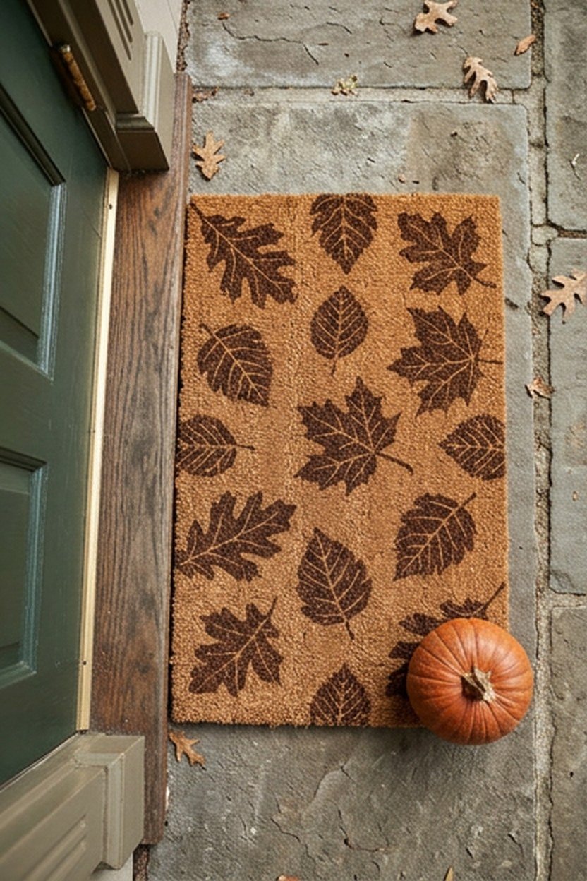 A toasted cinnamon doormat with a fall leaf pattern at a front door