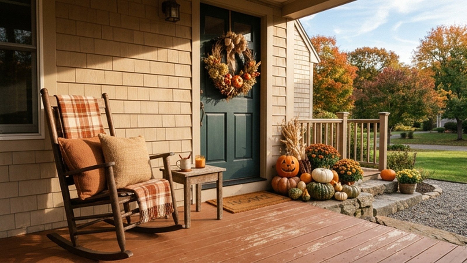 A toasted cinnamon fall porch with pumpkins, a wreath and layered pillows