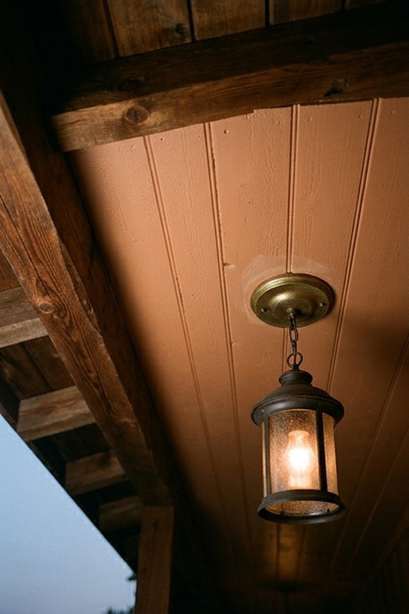 A porch ceiling painted in a soft toasted cinnamon tone