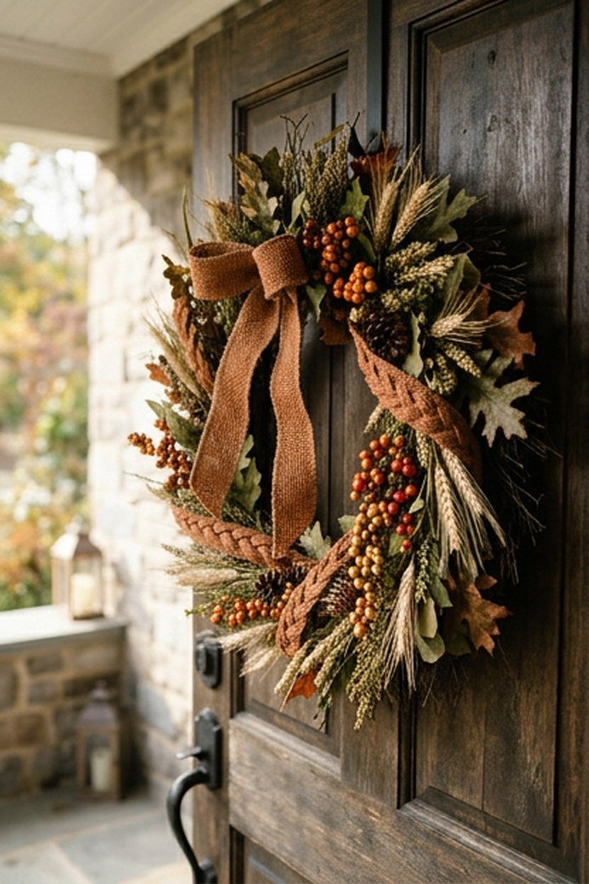 A fall wreath with toasted cinnamon ribbon woven through dried foliage