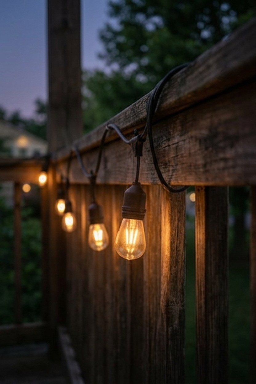 Warm toasted cinnamon toned string lights along a porch railing