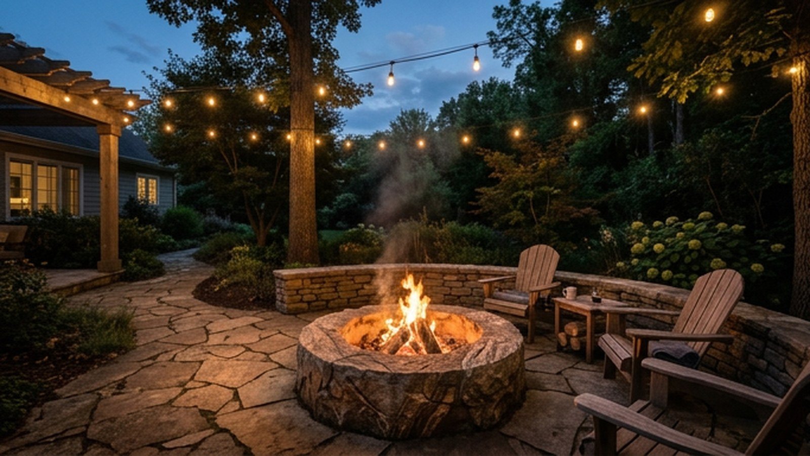 A toasty backyard fire pit with stone surround and seating at dusk