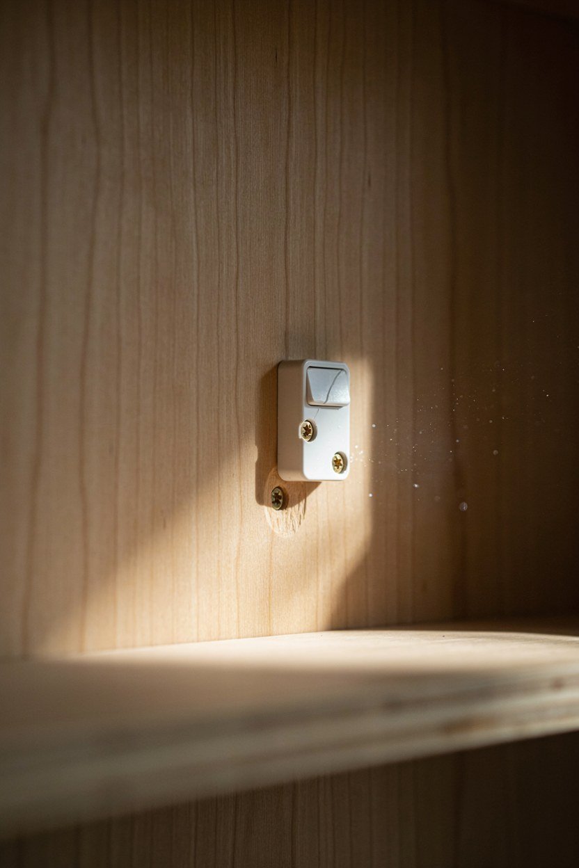 A fingertip sized touch latch fitted behind the front edge of a shelf