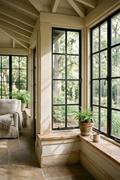A transitional style sunroom addition blending traditional trim with modern black window frames