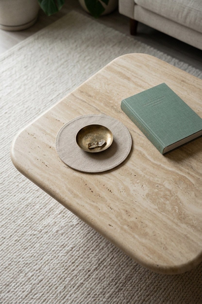 Honed travertine coffee table as a stone accent in a warm minimalist living room