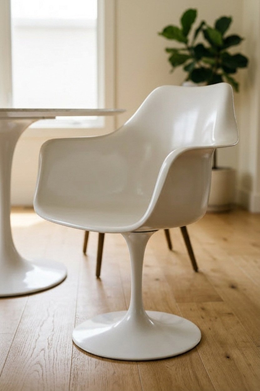 A tulip style chair with a pedestal base beside a dining table