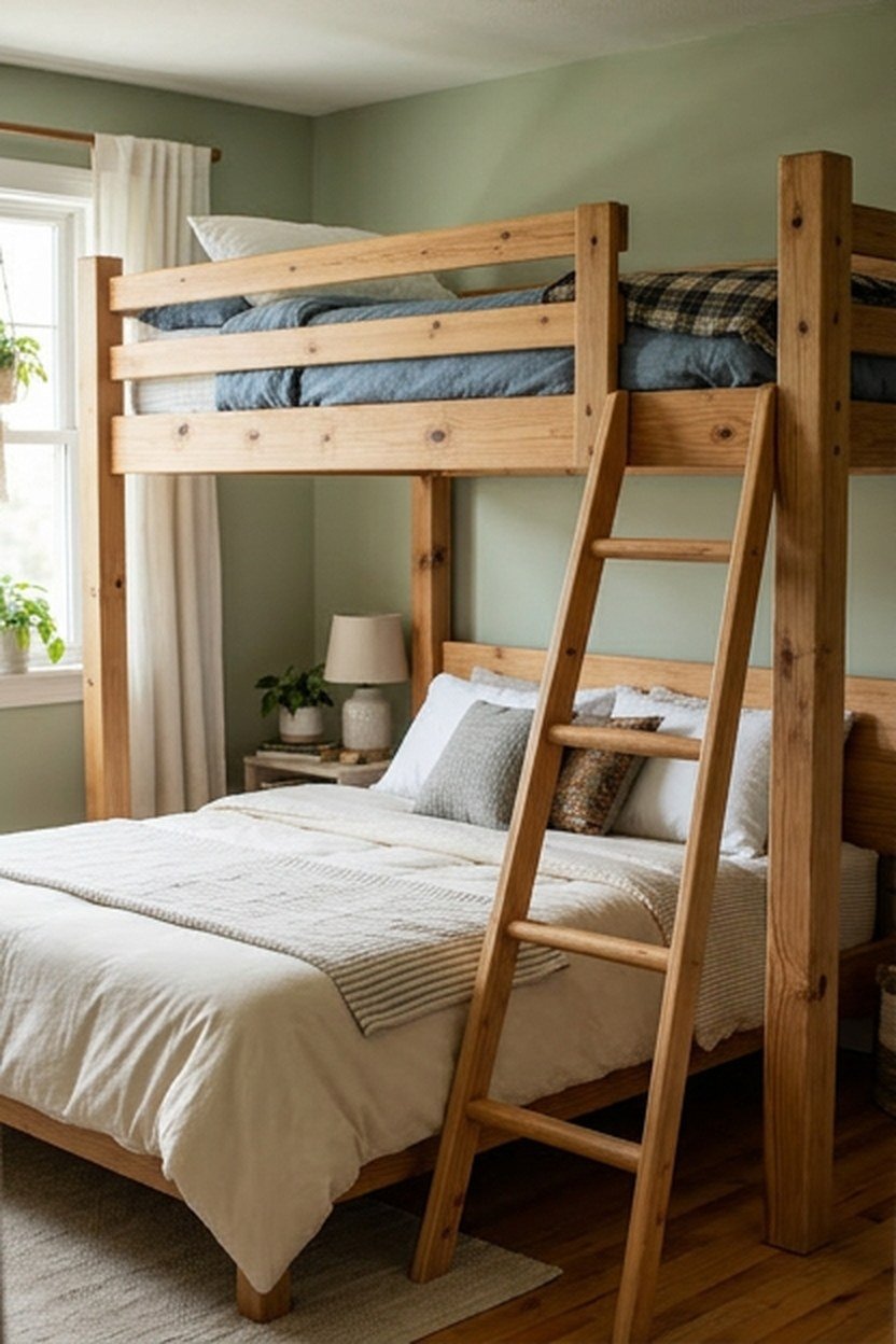 A twin over full loft bed configuration designed for sleepovers