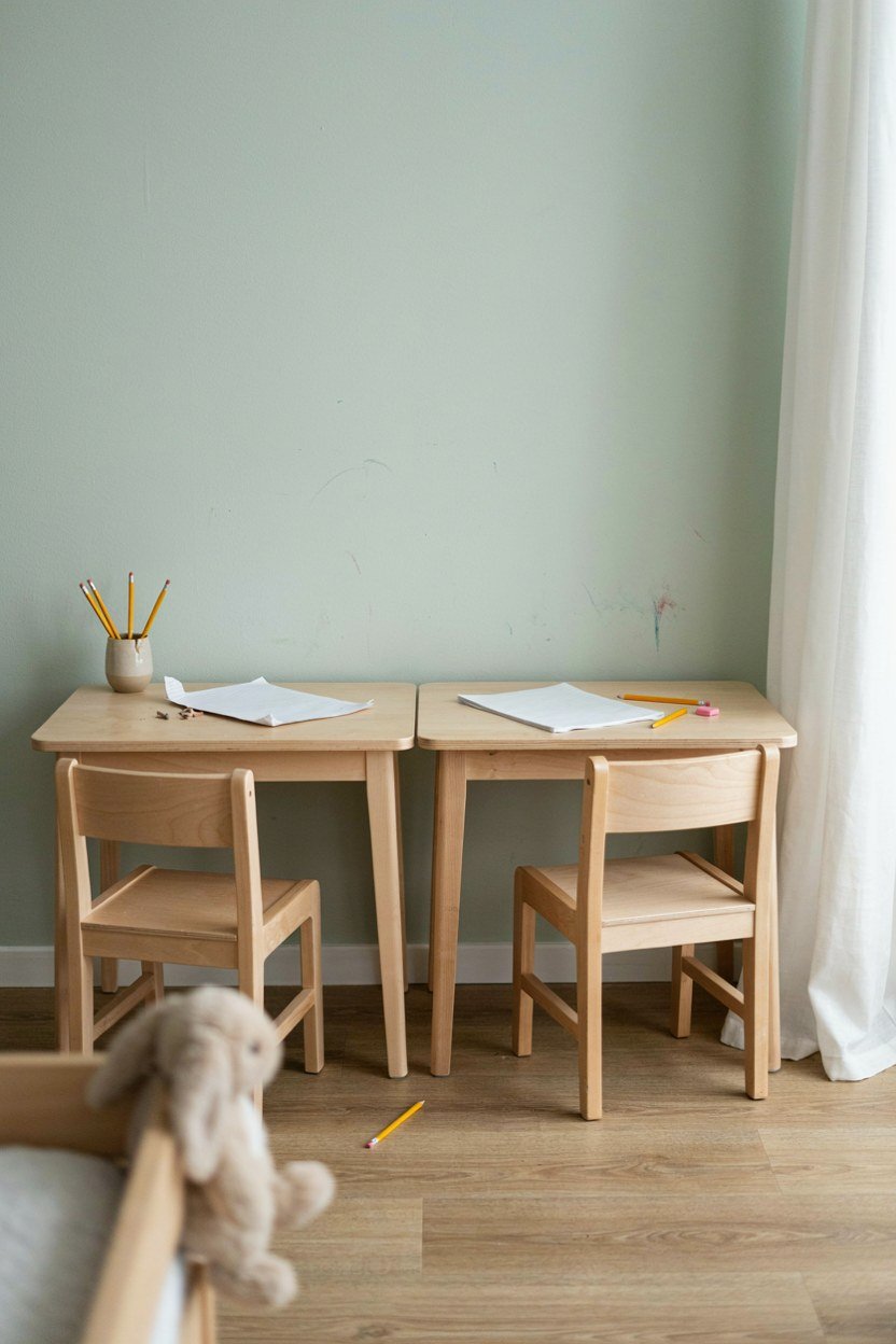 Two small matching desks against a wall in a kids room