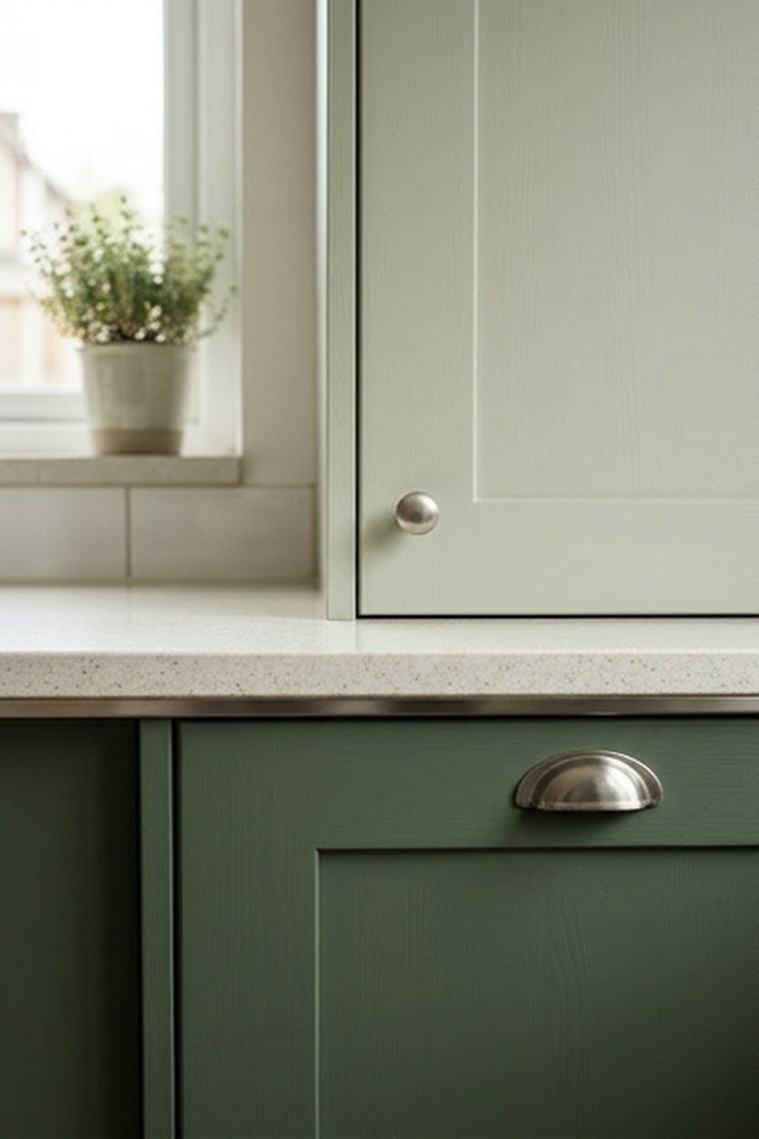 Two-tone green kitchen cabinets with pale sage above and deep moss below