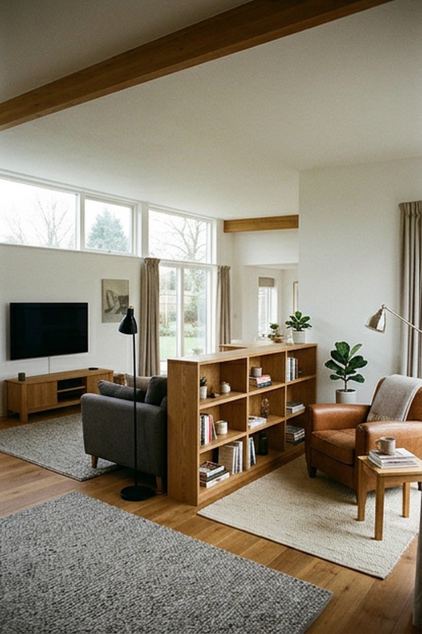 Large living room split into two zones by an open shelving unit