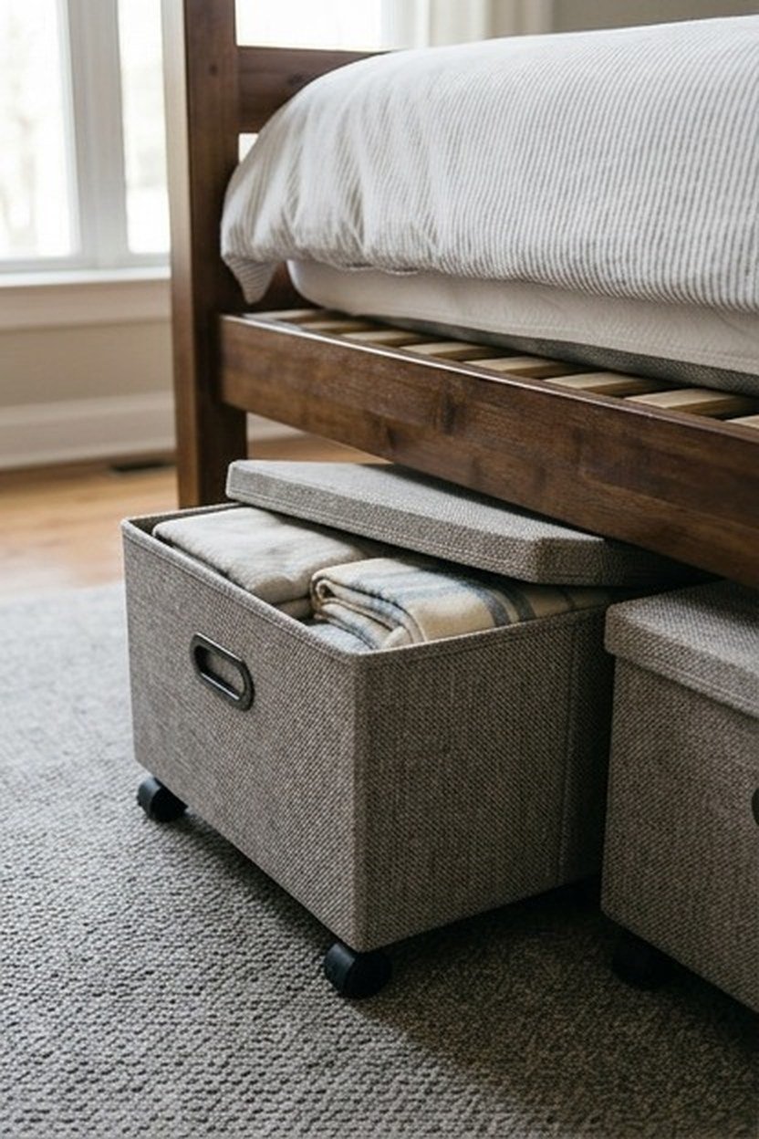 Under bed storage bins in a studio apartment bedroom area