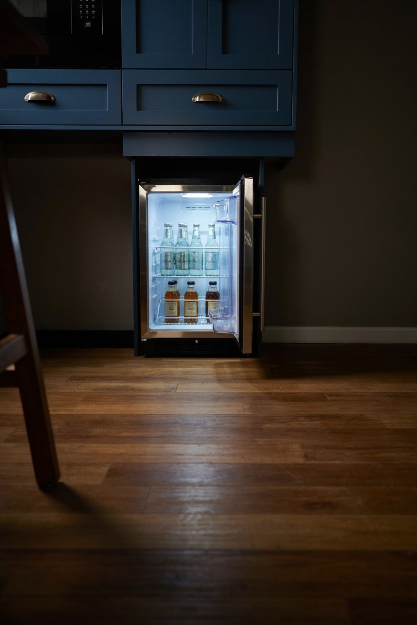 Small under counter drinks fridge open beneath a midnight blue cabinet
