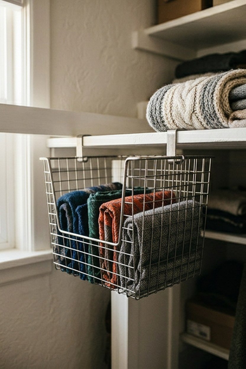 Under-shelf storage baskets adding space in a closet