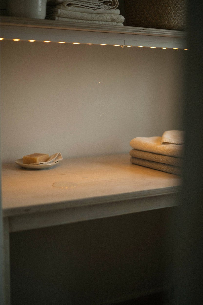 Warm strip light under a shelf lighting a laundry folding counter