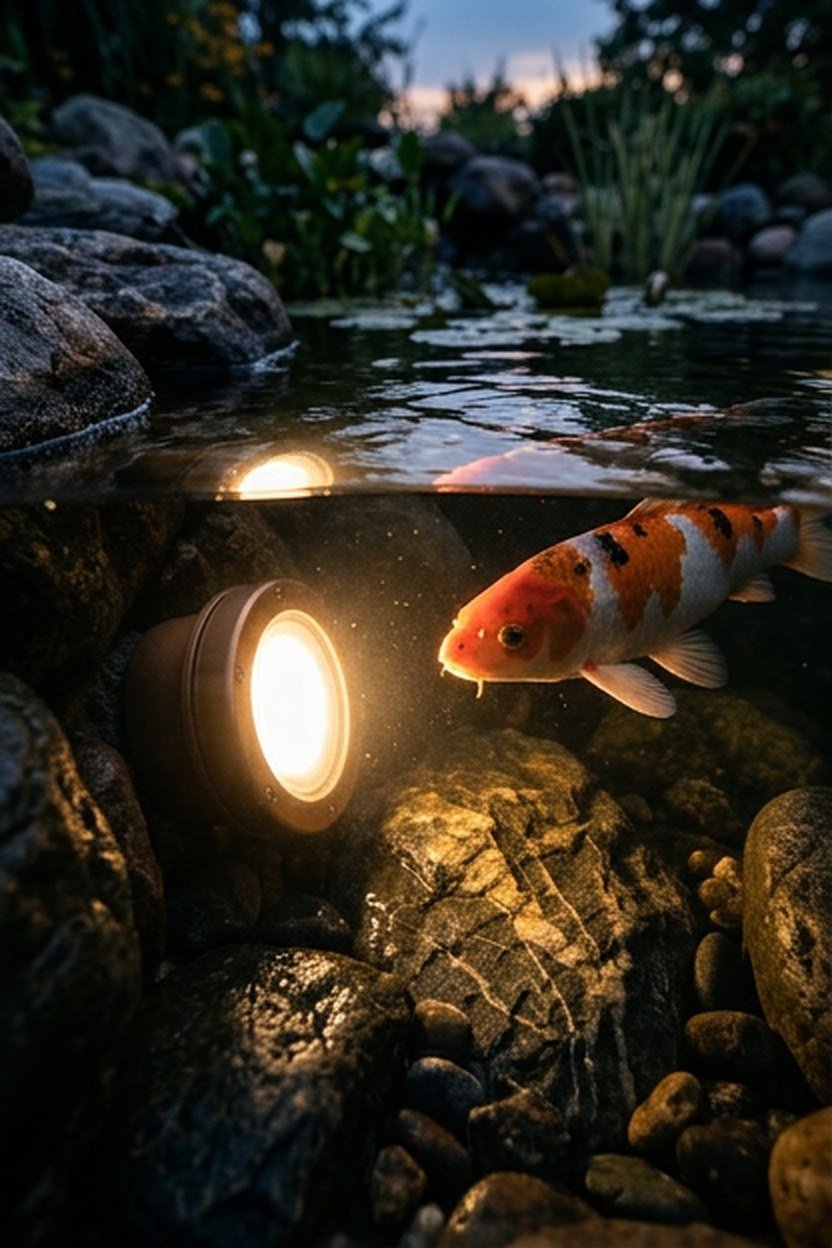 Underwater LED lighting illuminating koi in a pond at evening