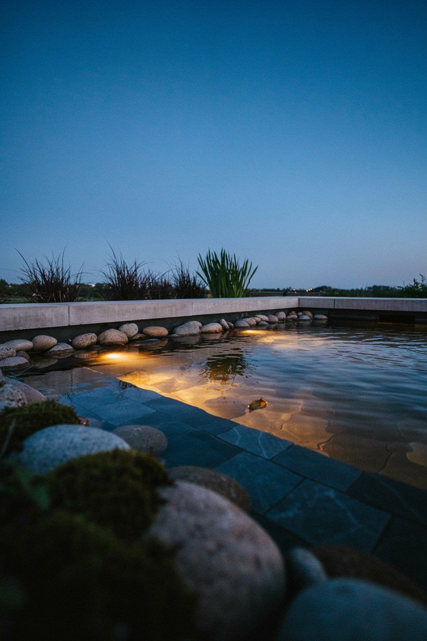 Warm underwater lighting glowing in a contemporary pond at dusk