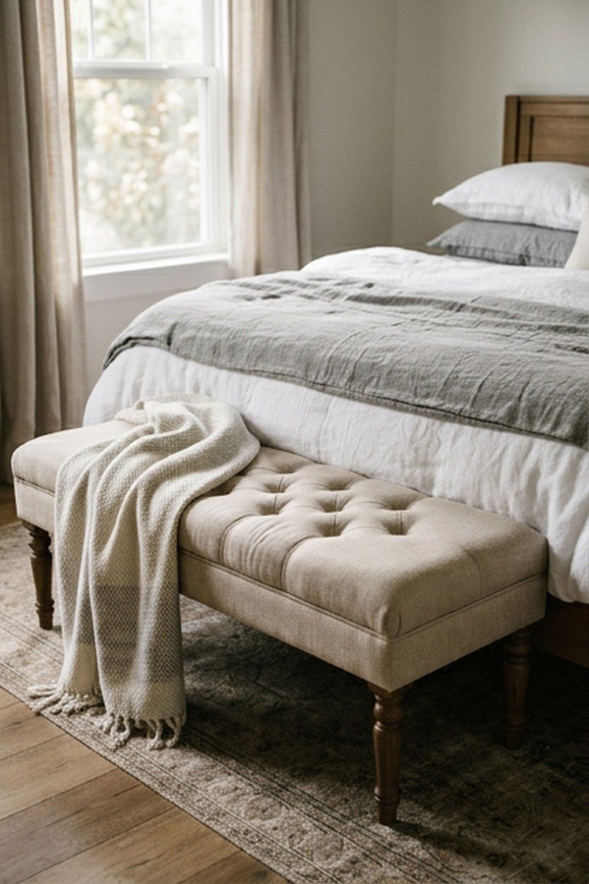 An upholstered bench positioned at the foot of a luxury bed