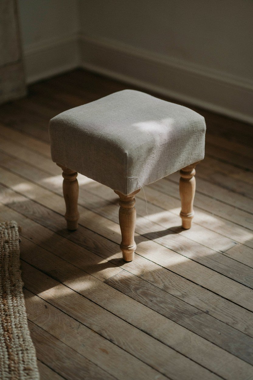 A small upholstered linen stool tucked under a chest in a dressing room